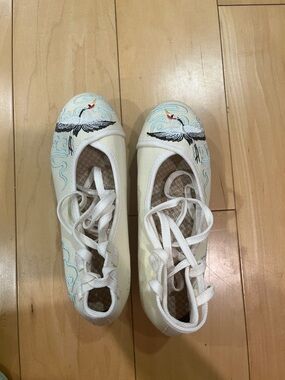 Embroidered Crane Lace-Up Canvas Ballet Flats - White